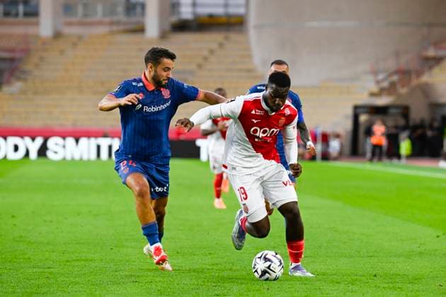 FOOTBALL : AS Monaco VS OGC Nice - Ligue 1 McDonald s - 05 10 2025 George Ilenikhena (ASM) Charles Vanhoutte (OGC Nice) - Ligue 1 McDonald s match between AS Monaco and OGC Nice on October 5, 2025 at the Louis II Stadium in Monaco. MonacoMonaco  Copyright: xWilliamxCannarellax