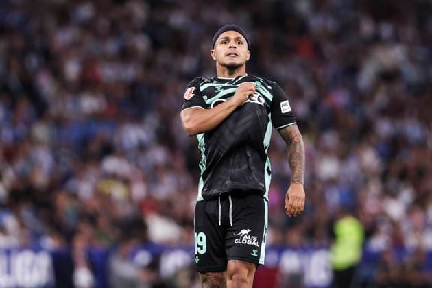 October 5, 2025, Cornella, Barcelona, SPAIN: Cucho Hernandez of Real Betis Balompie celebrates a goal during the Spanish league, La Liga EA Sports, football match played between RCD Espanyol and Real Betis Balompie at RCDE Stadium on October 05, 2025 in Cornella, Barcelona, Spain. Cornella SPAIN - ZUMAa181 20251005_zaa_a181_255 Copyright: xJavierxBorregox