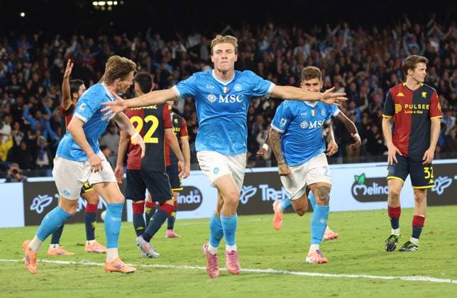 October 5, 2025, Napoli, Campania, ITALIA: Goal the Rasmus Hoyland of SSC Napoli During the 2025 26 Italian Serie A football match between SSC Napoli and Genoa on October 5, 2025, at the Diego Armando Maradona Stadium in Naples...Pictured: Napoli ITALIA - ZUMAs236 20251005_aap_s236_105 Copyright: xFabioxSassox
