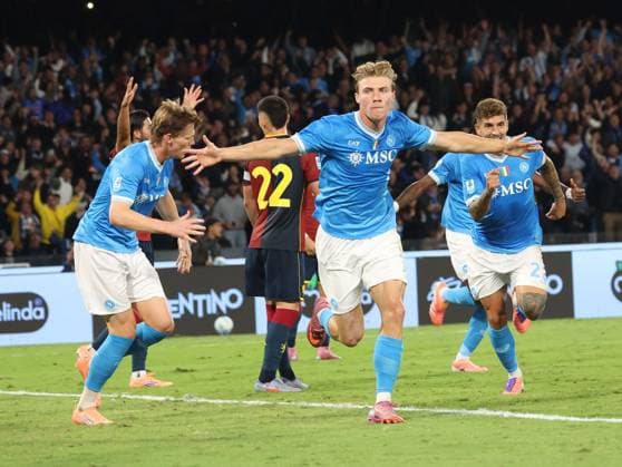 October 5, 2025, Napoli, Campania, ITALIA: Goal the Rasmus Hoyland of SSC Napoli During the 2025 26 Italian Serie A football match between SSC Napoli and Genoa on October 5, 2025, at the Diego Armando Maradona Stadium in Naples...Pictured: Napoli ITALIA - ZUMAs236 20251005_aap_s236_106 Copyright: xFabioxSassox