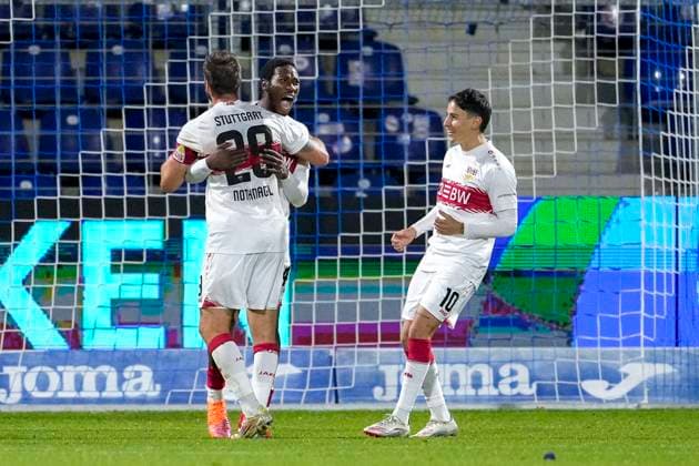 v.li.: Dominik Nothnagel (VfB II, 29), Torschütze Mohamed Sankoh (VfB II, 44), Nicolas Sessa (VfB II, 10), Spieler vom VfB Stuttgart II U21, U 21 , jubeln über das Tor zum 1:3, Jubel, Torjubel, Torerfolg, celebrate the goal, goal, celebration, jubelt ueber das Tor, Freuen, Freude, freut sich, optimistisch, positiv, Spielszene, Highlight, Action, Aktion, 05.10.2025, Sinsheim (Deutschland), Fussball, 3. Liga, TSG 1899 Hoffenheim II - VfB Stuttgart II, DFB DFL REGULATIONS PROHIBIT ANY USE OF PHOTOGRAPHS AS IMAGE SEQUENCES AND OR QUASI-VIDEO.