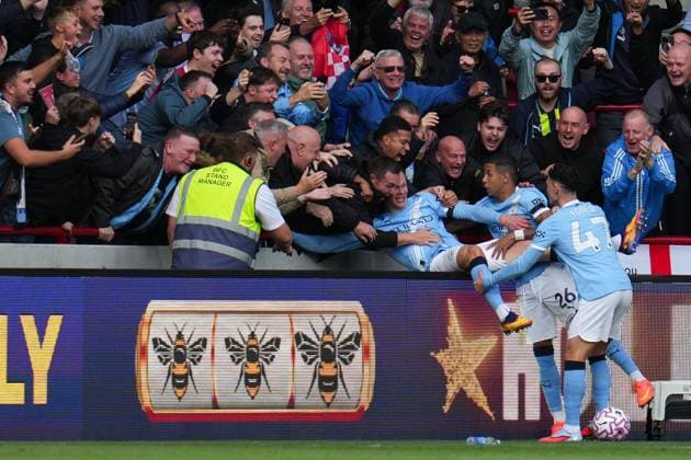 Premier League Brentford v Manchester City Erling Haaland of Manchester City after goal during the Premier League match Brentford vs Manchester City at The Gtech Community Stadium, London, United Kingdom, 5th October 2025 (Photo by Harvey Murphy News Images) Copyright: xHarveyxMurphy NewsxImagesx