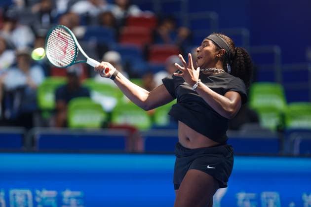 WUHAN, CHINA - OCTOBER 06: Hailey Baptiste of the United States returns a shot in the Women s Singles Round of 64 match against Ashlyn Krueger of the United States on day 3 of 2025 Wuhan Open at Optics Valley International Tennis Center on October 6, 2025 in Wuhan, Hubei Province of China.  Copyright: xVCGx 111595385785