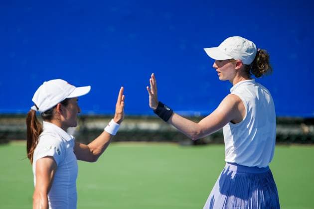 WUHAN, CHINA - OCTOBER 06: Shuko Aoyama of Japan and Cristina Bucsa of Spain react in the Women s Doubles Round of 32 match against Zhang Shuai of China and Kristina Mladenovic of France on day 3 of 2025 Wuhan Open at Optics Valley International Tennis Center on October 6, 2025 in Wuhan, Hubei Province of China.  Copyright: xVCGx 111595399824
