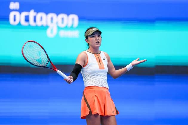 WUHAN, CHINA - OCTOBER 06: Zhu Lin of China reacts in the Women s Singles Round of 64 match against Maya Joint of Australia on day 3 of 2025 Wuhan Open at Optics Valley International Tennis Center on October 6, 2025 in Wuhan, Hubei Province of China.  Copyright: xVCGx 111595410721