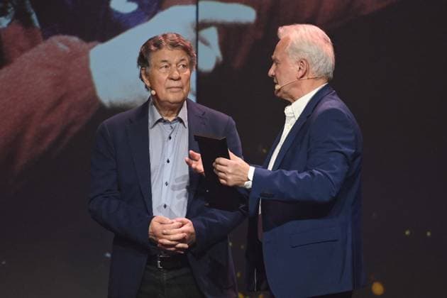 Preistraeger Otto REHHAGEL und Laudator Benno MOEHLMANN, Möhlmann HALL OF FAME-Preisverleihung 2025 am 06.10.2025 im Deutschen Fussball-Museum in Dortmund Deutschland. Â