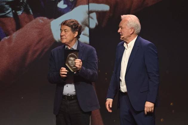 Preistraeger Otto REHHAGEL und Laudator Benno MOEHLMANN, Möhlmann HALL OF FAME-Preisverleihung 2025 am 06.10.2025 im Deutschen Fussball-Museum in Dortmund Deutschland. Â