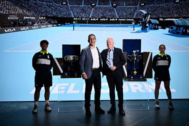 AUSTRALIAN OPEN TENNIS LAUNCH, Australian Open CEO Craig Tiley (right) poses for a photo with Victorian Minister for Tourism, and Major Events Steve Dimopoulos during the launch of the 2026 Australian Open tennis tournament, in Melbourne, Tuesday, October 7, 2025. ( NO ARCHIVING MELBOURNE VICTORIA AUSTRALIA  Copyright: xJOELxCARRETTx 20251007158663198137