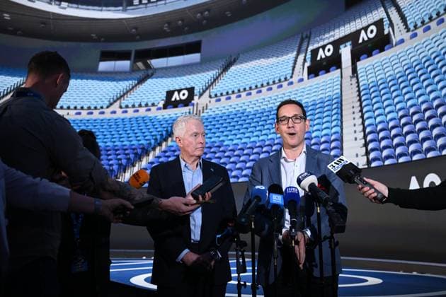 AUSTRALIAN OPEN TENNIS LAUNCH, Australian Open CEO Craig Tiley (left) and Victorian Minister for Tourism, and Major Events Steve Dimopoulos speak to media following the launch of the 2026 Australian Open tennis tournament, in Melbourne, Tuesday, October 7, 2025. ( NO ARCHIVING MELBOURNE VICTORIA AUSTRALIA  Copyright: xJOELxCARRETTx 20251007138566694610