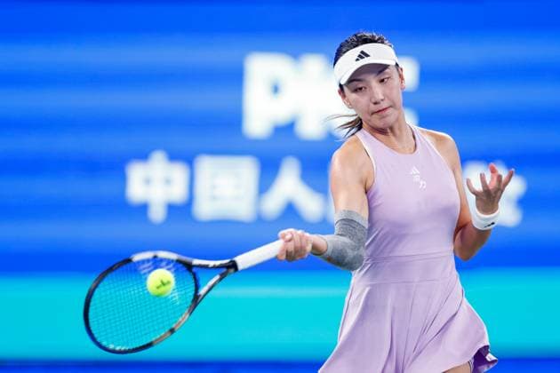 WUHAN, CHINA - OCTOBER 06: Wang Xinyu of China competes in the Women s Singles Round of 64 match against Moyuka Uchijima of Japan on day 3 of 2025 Wuhan Open at Optics Valley International Tennis Center on October 6, 2025 in Wuhan, Hubei Province of China.  Copyright: xVCGx 111595463860