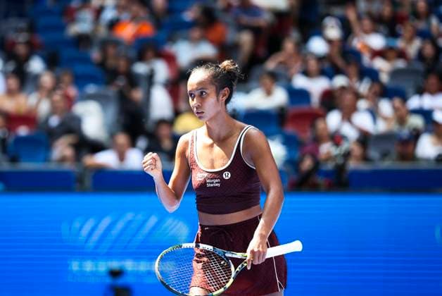 WUHAN, CHINA - OCTOBER 07: Leylah Fernandez of Canada reacts in the Women s Singles Round of 64 match against Naomi Osaka of Japan on day 4 of 2025 Wuhan Open at Optics Valley International Tennis Center on October 7, 2025 in Wuhan, Hubei Province of China.  Copyright: xVCGx 111595619479