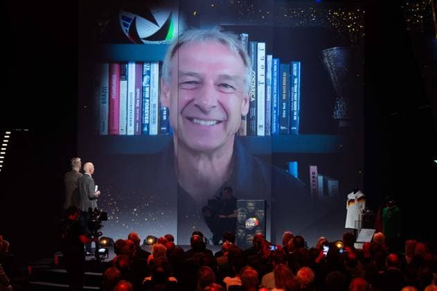 Juergen KLINSMANN spricht per Videoschaltung ein Grusswort, Ehrung fuer Bert TRAUMANN (Posthum) HALL OF FAME-Preisverleihung 2025 am 06.10.2025 im Deutschen Fussball-Museum in Dortmund Deutschland. Â