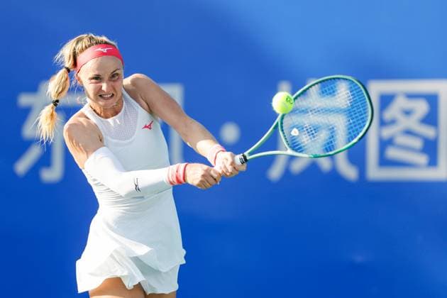 WUHAN, CHINA - OCTOBER 07: Rebecca Sramkova of Slovakia returns a shot in the Women s Singles Round of 64 match against Anna Kalinskaya on day 4 of 2025 Wuhan Open at Optics Valley International Tennis Center on October 7, 2025 in Wuhan, Hubei Province of China.  Copyright: xVCGx 111595667425