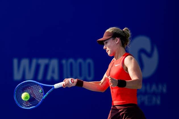 WUHAN, CHINA - OCTOBER 07: Anna Kalinskaya returns a shot in the Women s Singles Round of 64 match against Rebecca Sramkova of Slovakia on day 4 of 2025 Wuhan Open at Optics Valley International Tennis Center on October 7, 2025 in Wuhan, Hubei Province of China.  Copyright: xVCGx 111595667408