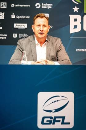 Jens-Uwe Müller, president Potsdam Royals speaks at Erima GFL Bowl press conference, PK, Pressekonferenz Erima GFL Bowl 2025, press conference, Potsdam Royals vs Dresden Monarchs Copyright: xFootxBowl PatrickxKlixx