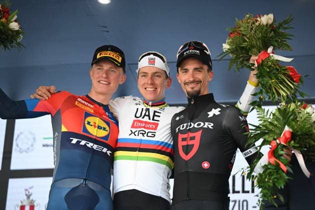 07-10-2025 Tre Valli Varesine; 2025, Uae Team Emirates - Xrg; 2025, Lidl - Trek; 2025, Tudor; Pogacar, Tadej; Philipsen, Albert Withen; Alaphilippe, Julian; Varese; 