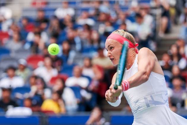 WUHAN, CHINA - OCTOBER 08: Rebecca Sramkova of Slovakia returns a shot in the Women s Singles Round of 32 match against Aryna Sabalenka of Belarus on day 5 of 2025 Wuhan Open at Optics Valley International Tennis Center on October 8, 2025 in Wuhan, Hubei Province of China.  Copyright: xVCGx 111595901571