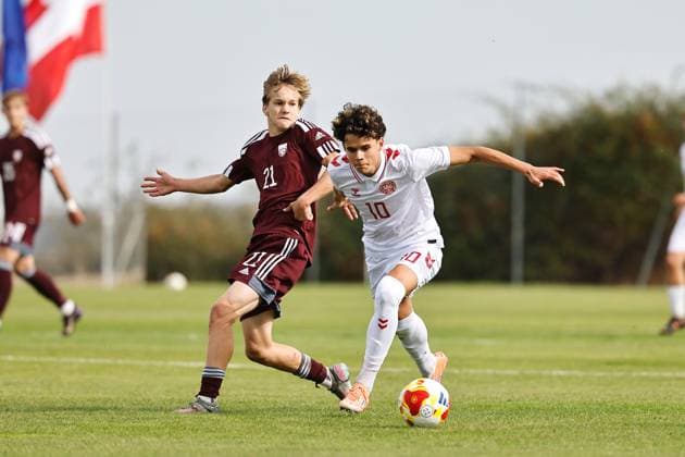 (L-R) Karlis Miezis (LAT), Elias Broberg (DEN), OCTOBER 8, 2025 - Football Soccer : UEFA Under-17 Championship qualifying round group 4 match between U17, U 17 Latvia - U17 Denmark at the Ciudad Deportiva Los Angeles de San Rafael in Los Angeles de San Rafael, Spain. Noxthirdxpartyxsales  aflo_306342452