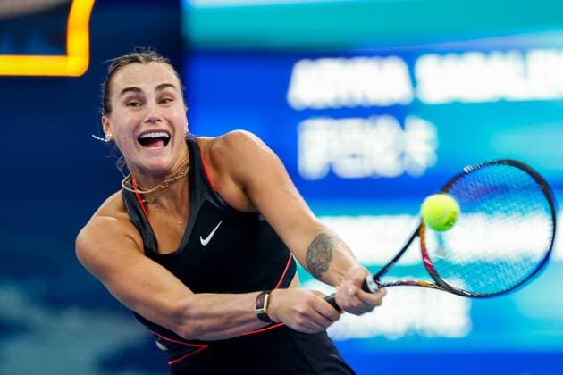WUHAN, CHINA - OCTOBER 08: Aryna Sabalenka of Belarus returns a shot in the Women s Singles Round of 32 match against Rebecca Sramkova of Slovakia on day 5 of 2025 Wuhan Open at Optics Valley International Tennis Center on October 8, 2025 in Wuhan, Hubei Province of China.  Copyright: xVCGx 111595901491