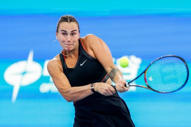 WUHAN, CHINA - OCTOBER 08: Aryna Sabalenka of Belarus returns a shot in the Women s Singles Round of 32 match against Rebecca Sramkova of Slovakia on day 5 of 2025 Wuhan Open at Optics Valley International Tennis Center on October 8, 2025 in Wuhan, Hubei Province of China.  Copyright: xVCGx 111595901492