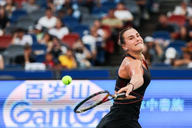 WUHAN, CHINA - OCTOBER 08: Aryna Sabalenka of Belarus returns a shot in the Women s Singles Round of 32 match against Rebecca Sramkova of Slovakia on day 5 of 2025 Wuhan Open at Optics Valley International Tennis Center on October 8, 2025 in Wuhan, Hubei Province of China.  Copyright: xVCGx 111595901555