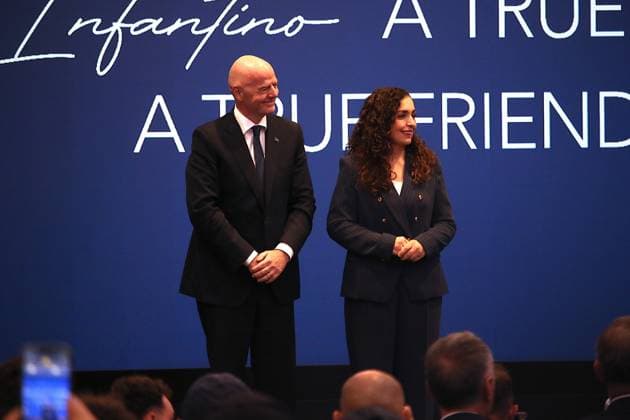 FIFA President Infantino awarded the Presidential Medal of Merit in Kosovo PRISTINA, KOSOVO - OCTOBER 8: Kosovo’s President Vjosa Osmani delivers a speech during a ceremony where she presents the Presidential Medal of Merit to FIFA President Gianni Infantino in recognition of his contributions to the country’s football in Pristina, Kosovo, on October 8, 2025. Erkin Keci Anadolu Pristina Kosovo. Editorial use only. Please get in touch for any other usage.  Copyright: x2025xAnadoluxErkinxKecix
