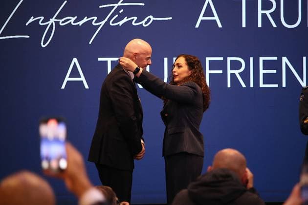 FIFA President Infantino awarded the Presidential Medal of Merit in Kosovo PRISTINA, KOSOVO - OCTOBER 8: Kosovo’s President Vjosa Osmani delivers a speech during a ceremony where she presents the Presidential Medal of Merit to FIFA President Gianni Infantino in recognition of his contributions to the country’s football in Pristina, Kosovo, on October 8, 2025. Erkin Keci Anadolu Pristina Kosovo. Editorial use only. Please get in touch for any other usage.  Copyright: x2025xAnadoluxErkinxKecix