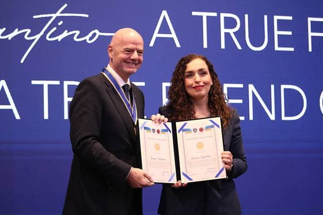 FIFA President Infantino awarded the Presidential Medal of Merit in Kosovo PRISTINA, KOSOVO - OCTOBER 8: Kosovo’s President Vjosa Osmani delivers a speech during a ceremony where she presents the Presidential Medal of Merit to FIFA President Gianni Infantino in recognition of his contributions to the country’s football in Pristina, Kosovo, on October 8, 2025. Erkin Keci Anadolu Pristina Kosovo. Editorial use only. Please get in touch for any other usage.  Copyright: x2025xAnadoluxErkinxKecix