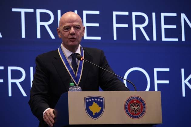 FIFA President Infantino awarded the Presidential Medal of Merit in Kosovo PRISTINA, KOSOVO - OCTOBER 8: FIFA President Gianni Infantino delivers a speech during a ceremony where Kosovo’s President Vjosa Osmani presented him with the Presidential Medal of Merit in recognition of his contributions to the country’s football in Pristina, Kosovo, on October 8, 2025. Erkin Keci Anadolu Pristina Kosovo. Editorial use only. Please get in touch for any other usage.  Copyright: x2025xAnadoluxErkinxKecix