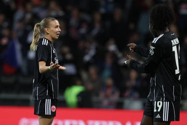 2025.10.03 xJFx zweite Qualifikationsrunde UEFA Women™s Europa Cup 2025 2026 Eintracht Frankfurt - 1. FC Slovacko v.l., Elisa Senss (Eintracht Frankfurt), Nicole Anyomi (Eintracht Frankfurt), Torjubel, Goal celebration, celebrate the goal (DFL DFB REGULATIONS PROHIBIT ANY USE OF PHOTOGRAPHS as IMAGE SEQUENCES and or QUASI-VIDEO) Copyright: JoaquimxFerreira