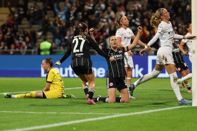 2025.10.03 xJFx zweite Qualifikationsrunde UEFA Women™s Europa Cup 2025 2026 Eintracht Frankfurt - 1. FC Slovacko v.l., Ereleta Memeti (Eintracht Frankfurt), Laura Freigang (Eintracht Frankfurt), Torjubel, Goal celebration, celebrate the goal (DFL DFB REGULATIONS PROHIBIT ANY USE OF PHOTOGRAPHS as IMAGE SEQUENCES and or QUASI-VIDEO) Copyright: JoaquimxFerreira