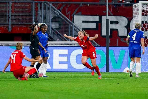 Danique van Ginkel of FC Twente ccelebrates with teammates after scoring her teams first goal FC Twente v Chelsea FC, UEFA Women s Champions League 2025 26 League Phase MD1, FC Twente v Chelsea FC Women, FC Twente Stadion, October 8, 2025, Enschede, Netherlands.