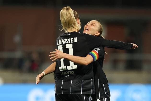 2025.10.03 xJFx zweite Qualifikationsrunde UEFA Women™s Europa Cup 2025 2026 Eintracht Frankfurt - 1. FC Slovacko v.l., Nina Lührssen (Eintracht Frankfurt) und Elisa Senss (Eintracht Frankfurt) Torjubel, Goal celebration, celebrate the goal (DFL DFB REGULATIONS PROHIBIT ANY USE OF PHOTOGRAPHS as IMAGE SEQUENCES and or QUASI-VIDEO) Copyright: JoaquimxFerreira