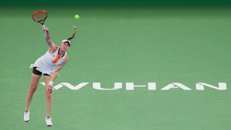 WUHAN, CHINA - OCTOBER 08: Elena Rybakina of Kazakhstan competes in the Women s Singles Round of 32 match against Jaqueline Cristian of Romania on day 5 of 2025 Wuhan Open at Optics Valley International Tennis Center on October 8, 2025 in Wuhan, Hubei Province of China.  Copyright: xVCGx 111596057721