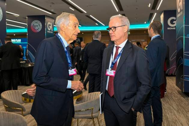 Franco Carraro and Giorgio Marchetti during the 32nd European Football Clubs General Assembly in Rome at the Rome Cavalieri Waldorf Hotel. Italy - Thursday 09 October 2025. Sports.  Copyright: xFabrizioxCorradetti LaPressex