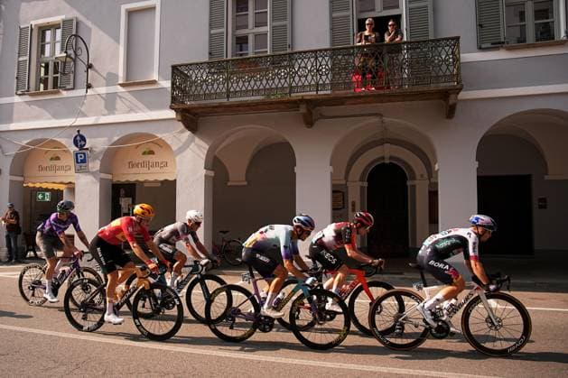 The pack rides cycles during the 109th edition of the Gran Piemonte 2025 a 179 km one day race from Dogliani to Acqui Terme on October 9, 2025, Italy.  Copyright: xMarcoxAlpozzi LaPressex