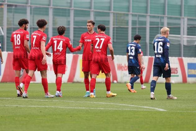 09.10.2025, xrekx, Fussball Testspiel, SC Freiburg - Karlsruher SC v.l. Torjubel nach dem Tor zum celebrating the goal celebrate 3:0 durch Nicolas Höfler Hoefler (SC Freiburg) mit Max Rosenfelder (SC Freiburg) (DFL DFB REGULATIONS PROHIBIT ANY USE OF PHOTOGRAPHS as IMAGE SEQUENCES and or QUASI-VIDEO) Freiburg