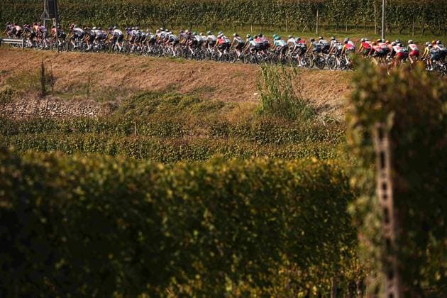 The pack rides cycles during the 109th edition of the Gran Piemonte 2025 a 179 km one day race from Dogliani to Acqui Terme on October 9, 2025, Italy.  Copyright: xMarcoxAlpozzi LaPressex