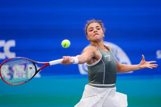 WUHAN, CHINA - OCTOBER 09: Jasmine Paolini of Italy returns a shot in the Women s Singles Round of 16 match against Clara Tauson of Denmark on day 6 of 2025 Wuhan Open at Optics Valley International Tennis Center on October 9, 2025 in Wuhan, Hubei Province of China.  Copyright: xVCGx 111596125274