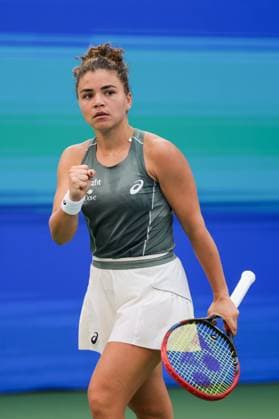 WUHAN, CHINA - OCTOBER 09: Jasmine Paolini of Italy reacts in the Women s Singles Round of 16 match against Clara Tauson of Denmark on day 6 of 2025 Wuhan Open at Optics Valley International Tennis Center on October 9, 2025 in Wuhan, Hubei Province of China.  Copyright: xVCGx 111596125296