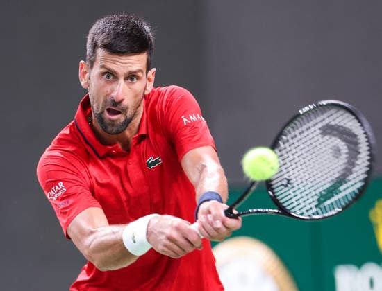 (251009) -- SHANGHAI, Oct. 9, 2025 -- Novak Djokovic hits a return during the men s singles quarterfinal between Novak Djokovic of Serbia and Zizou Bergs of Belgium at the ATP, Tennis Herren World Tour Shanghai Masters tennis tournament in Shanghai, east China, Oct. 9, 2025. ) (SP)CHINA-SHANGHAI-TENNIS-ATP TOUR-SHANGHAI MASTERS-MEN S SINGLES (CN) DingxTing 