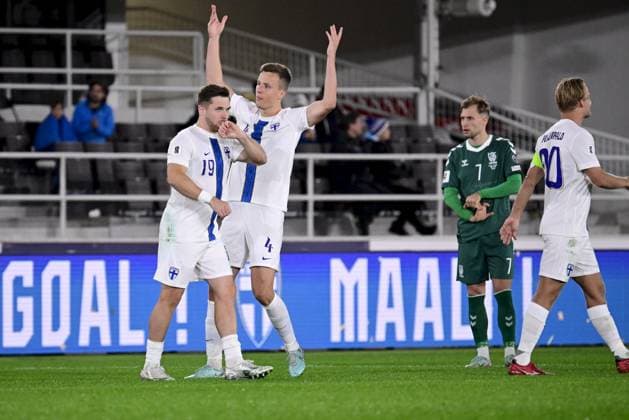 Finland s 19 Benjamin Källman celebrates scoring his team s first goal with 4 Robert Ivanov during the 2026 FIFA World Cup, WM, Weltmeisterschaft, Fussball qualification UEFA Group G football match Finland vs Lithuania in Helsinki, Finland on October 9, 2025. Helsinki Finland LKFTJK20251009201957PKTE  Copyright: xMarkkuxUlanderx LKFTJK20251009201957PKTE