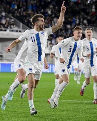 11 Adam Marhiev of Finland celebrates with team mates after scoring his team s second goal during the 2026 FIFA World Cup, WM, Weltmeisterschaft, Fussball qualification UEFA Group G football match Finland vs Lithuania in Helsinki, Finland on October 9, 2025. Helsinki Finland LKFTJK20251009202705HWUE  Copyright: xMarkkuxUlanderx LKFTJK20251009202705HWUE