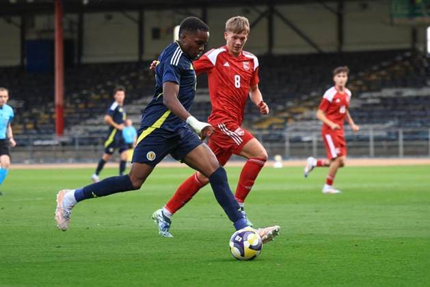 9th October 2025; Dens Park, Dundee, Scotland; Under 21 Euro Qualifiers International Football, Scotland versus Gibraltar; Adedire Mebude of Scotland under 21 scores for 2-0 in the 24th minute  DsvidxYoung