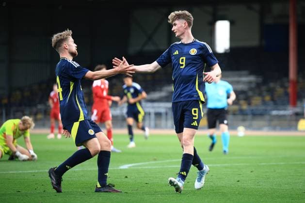 9th October 2025; Dens Park, Dundee, Scotland; Under 21 Euro Qualifiers International Football, Scotland versus Gibraltar; James Wilson of Scotland under 21 celebrates after scoring for 4-0 with David Watson  DsvidxYoung
