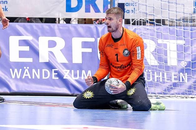 09.10.2025, Handball, HBL, Bergischer HC - HSG Wetzlar, Unihalle Wuppertal: Torhüter Christopher Rudeck (BHC 01) jubelnd Nordrhein-Westfalen Deutschland