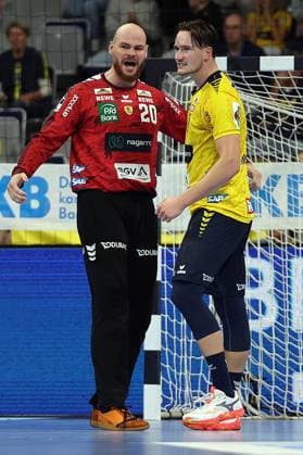 09.10.2025, xrekx, Handball Daikin HBL, Rhein Neckar Loewen - Frisch AUF! Göppingen v.l. . Mike Jensen (Rhein-Neckar Loewen) Robert Timmermeister (Rhein-Neckar Loewen) jubeln (DFL DFB REGULATIONS PROHIBIT ANY USE OF PHOTOGRAPHS as IMAGE SEQUENCES and or QUASI-VIDEO) Mannheim