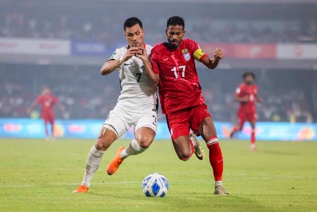 Bangladesh Vs Hong Kong In The AFC Asian Cup 2027 Qualifiers Bangladeshi players celebrate a goal against Hong Kong in the AFC Asian Cup 2027 Qualifiers at National Stadium in Dhaka, Bangladesh, on October 9, 2025. Dhaka Bangladesh  Copyright: xKazixSalahuddinxRazux originalFilename:salahuddin-notitle251009_np3xf.jpg