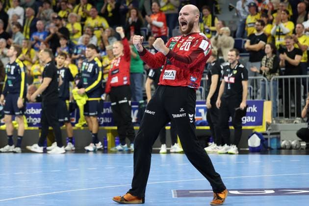 09.10.2025, xrekx, Handball Daikin HBL, Rhein Neckar Loewen - Frisch AUF! Göppingen v.l. Mike Jensen (Rhein-Neckar Loewen) jubelt (DFL DFB REGULATIONS PROHIBIT ANY USE OF PHOTOGRAPHS as IMAGE SEQUENCES and or QUASI-VIDEO) Mannheim