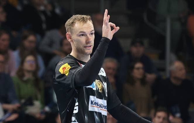 Mathias Gidsel zeigend, gestikulierend Aktion Oberkörper Handball CL Championsleague Champions League Herren 4. Spieltag Saison 2025 2026 09.10.2025 Füchse Berlin vs. Dinamo Bukarest in der Max Schmeling Halle